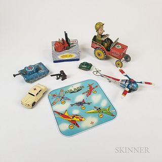 Eight Military-themed Tin and Iron Toys