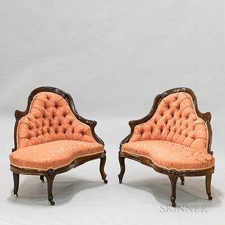 Pair of Rococo Revival Upholstered Rosewood Settees and a Side Chair