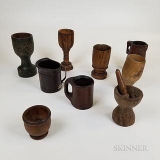 Nine Carved and Turned Wood Vessels