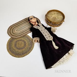 Painted Composition Doll, Two Miniature Rugs, and a Drum