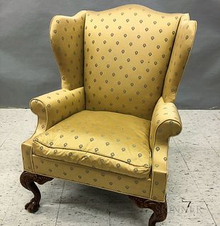 Chippendale-style Carved and Upholstered Mahogany Wing Chair