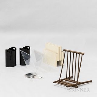 Kartell Magazine Rack, a Lucite Rack, a Lucite Mirror, a Folding Stool, and Two Wastebaskets.