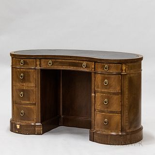 Georgian-style Inlaid Mahogany Veneer and Tooled Leather Kidney-shaped Desk