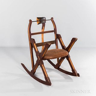 Carved and Painted Rocking Chair with Axe and Saw Back