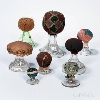 Eight Make-do Pincushions with Glass Bases