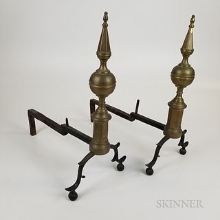 Pair of Brass and Iron Steeple-top Andirons