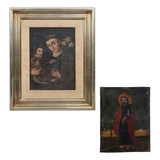 Lote de 2 obras pictóricas. Siglo XIX. Anónimo. San Antonio de Padua y San Pablo. Óleo sobre tela. Uno enmarcado.