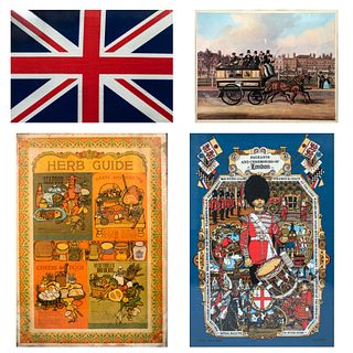 Lote de 4 obras. Consta de: bandera Union Jack, "Herb Guide", Escena inglesa decimonónica y Guardias de la Reina. 3 enmarcados.