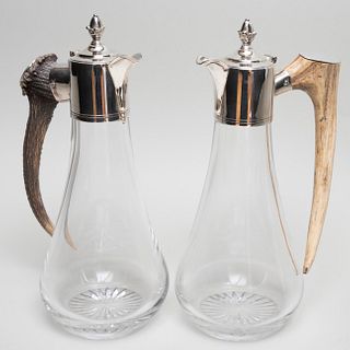 Pair of Horn and Silver Plate Mounted Glass Decanters