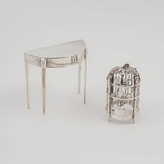 George V Silver Model of a Demilune Table and a Dutch Silver Model of a Birdcage