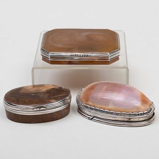 Two Continental Silver-Mounted Hardstone Snuff Boxes and a Silver-Mounted Shell Snuff Box