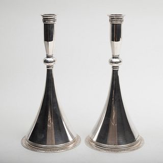 Pair of Art Deco Wiwen Nilsson Swedish Silver Candlesticks 