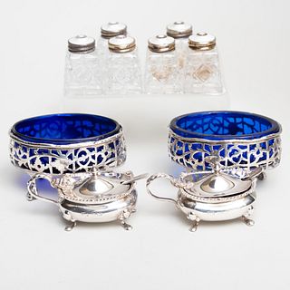 Pair of George III Salt Cellars, Edward VII Mustard Pots, and Set of Six Silver Mounted Glass Casters