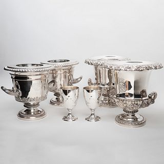 Two Pair of Silver Plate Wine Coolers and Pair of Victorian Silver Wine Cups