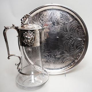 Silver Plate Mounted Glass Foxhunting Themed Jug and a Salver Engraved with Fern Pattern