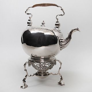 George II Silver Hot Water Kettle on an Associated Silver Plate Stand