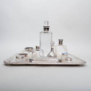 Christofle Rectangular Silver Plate Tray, a Baccarat Silver Plate Mounted Glass Scent Bottle and a Group of Silver Wares
