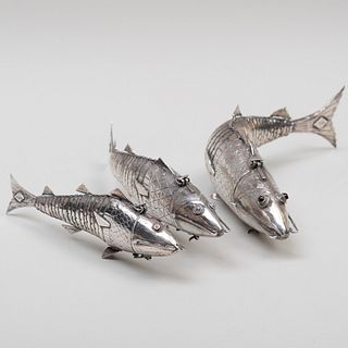 Three Silver Fish Form Spice Boxes, Probably Indian