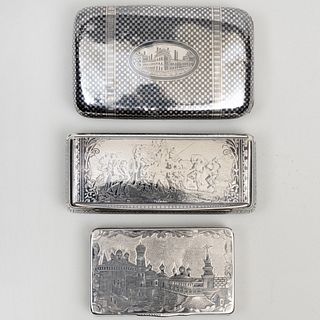 Russian Silver Niello Silver Snuff Box and Two Contiental Niello Boxes