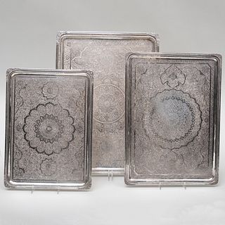 Set of Three Vartan A.O. Persian Rectangular Silver Trays