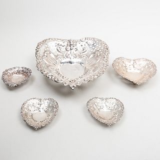 Four Gorham Silver Heart Shaped Candy Dishes and a Similar English Dish