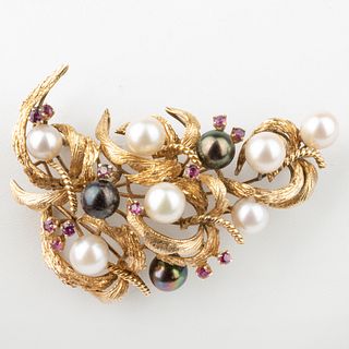 Floral Brooch Set with Pearls and Pink Sapphires