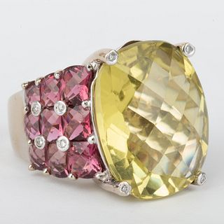 18k White Gold, Quartz, Pink Tourmaline and Diamond Ring