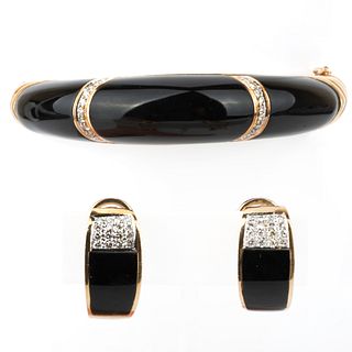14k Gold, Onyx and Diamond Bangle Bracelet and Pair of Similar Earrings