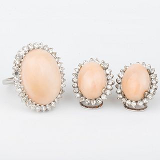 Pair of 18k White Gold, Pink Coral and Diamond Earrings and Matching Ring