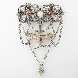 Edwardian Silver Brooch Set with Moonstone and Pink Sapphires