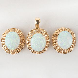 Pair of 14k Gold and Opal Earrings and Matching Pendant
