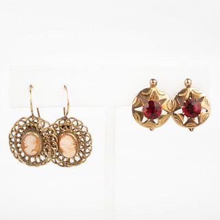 Pair of Edwardian Style Gold and Spinel Earrings and a Pair of Gold and Cameo Earrings