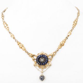 10k Gold, Enamel and Seed Pearl Pendant Necklace