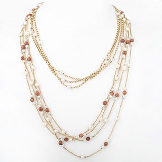 Two Long 14k Gold and Pearl Beaded Necklaces
