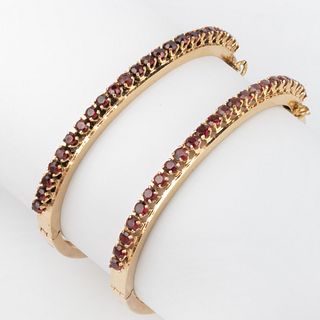 Two 14k Gold and Garnet Bangle Bracelets