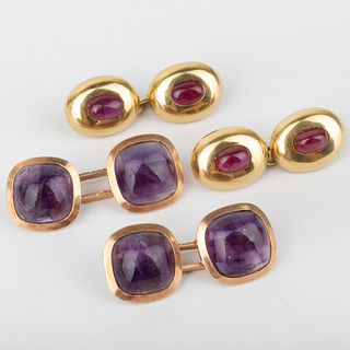 Pair of 14k Gold and Ruby Cufflinks and a Pair of 14k Gold and Amethyst Cufflinks