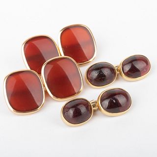 Pair of 14k Gold and Carnelian Cufflinks and a Pair of 14k Gold and Garnet Cufflinks