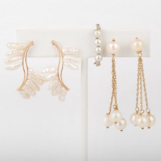 Two Pairs of Gold and Pearl Earrings and a Pearl Bar Pin