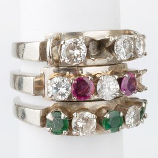 14k White Gold and Diamond Ring, a 14k White Gold, Diamond and Emerald Ring, and a 14k White Gold, Diamond and Ruby Ring