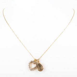 14k Gold and Diamond Small Heart Pendant on 14k Gold Chain and a 14k Gold and Quartz Tear Drop Pendant