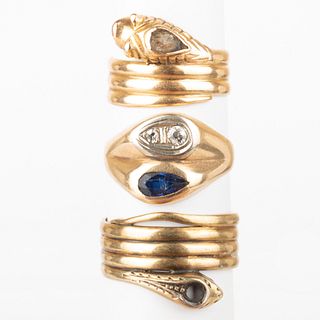 Two 14k Gold Coiled Snake Rings and a 14k Gold, Diamond and Sapphire Ring