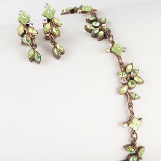 Green Floral Bracelet and a Pair of Matching Green Floral Earclips