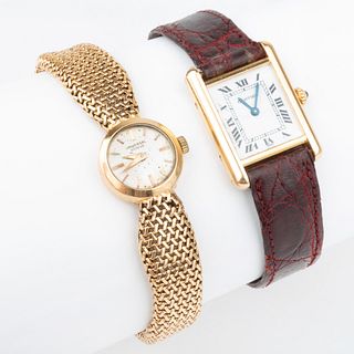 Cartier Ladies 18k Gold Tank Watch and a Universal Ladies 18k Gold Watch