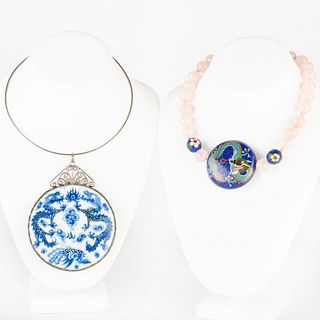 Rose Quartz Bead and CloisonnÃ© Pendant Necklace and a Chinese Blue and White Porcelain Pendant Choker Necklace