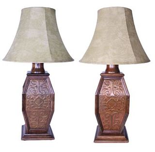 Pair of King Ranch Carved Wooden Lamps