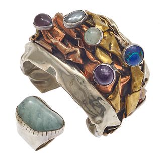 Rebecca Collins Aquamarine Ring with Brutalist Multi-Stone Bracelet