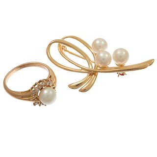Diamond, Cultured Pearl Ring together with Pin