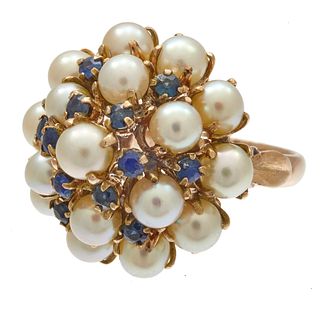 Sapphire, Cultured Pearl, 14k Bombe Ring