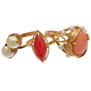 Collection of Coral, Cultured Pearl, 14k Yellow Gold Rings