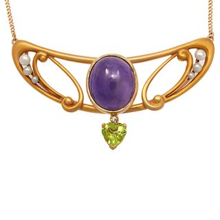 Arts & Crafts Style Amethyst, Peridot, Pearl, 14k Necklace